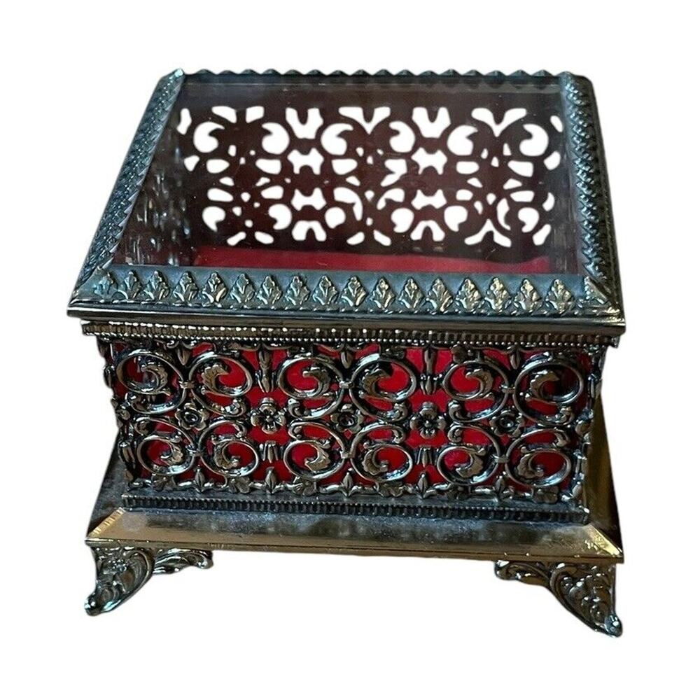 Vintage Filigree Footed Jewelry Casket Box Square Vanity Gold Colored 3.5”